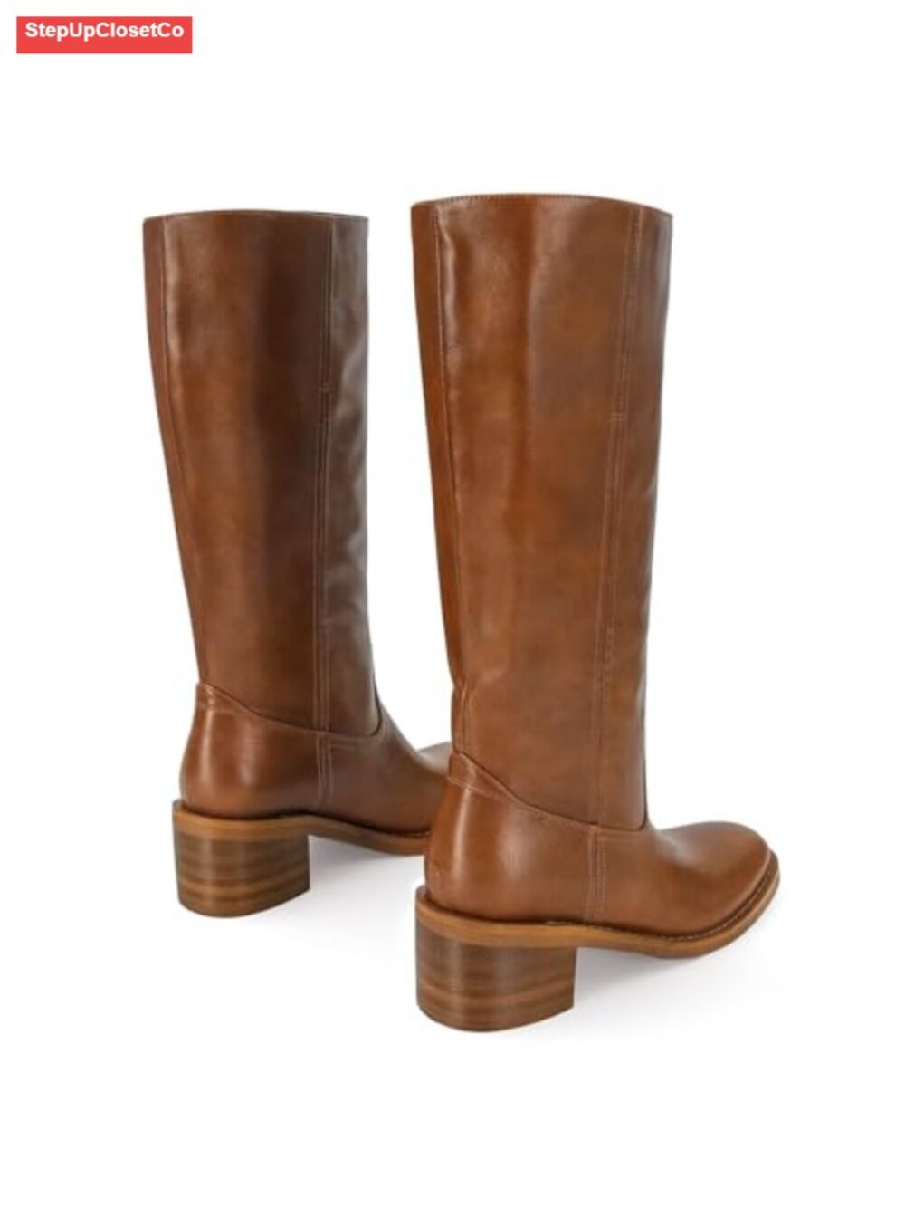Mid Calf Chunky Block Heel Boots for Women PU Square Toe Pull On Biker Riding - Picture 5 of 5